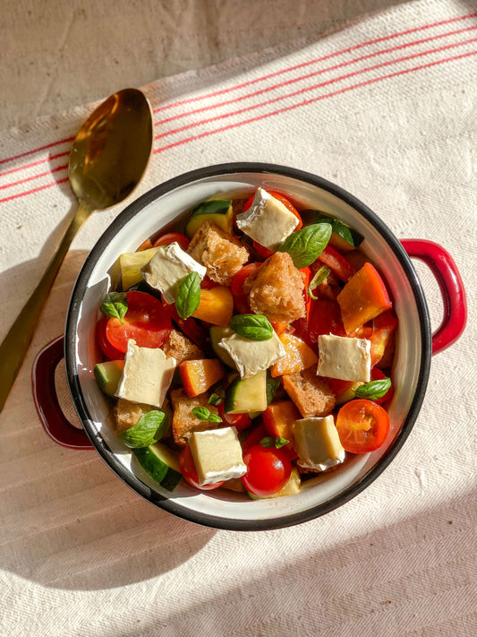 Panzanella inspired salad with vegan camembert style cheese