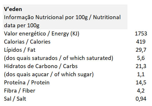 Veden - MUKA (alternativa vegetal ao queijo semi-curado) - tabela nutricional